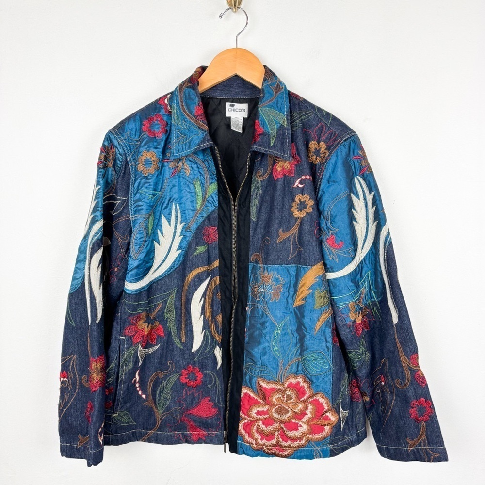 Vintage Y2k 90s Chico’s Eclectic Embroidered Patchwork Denim Jacket Sz 2 (Us L) View 3